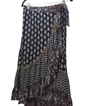 Women's Black Floral Boho Midi Skirt Sz S